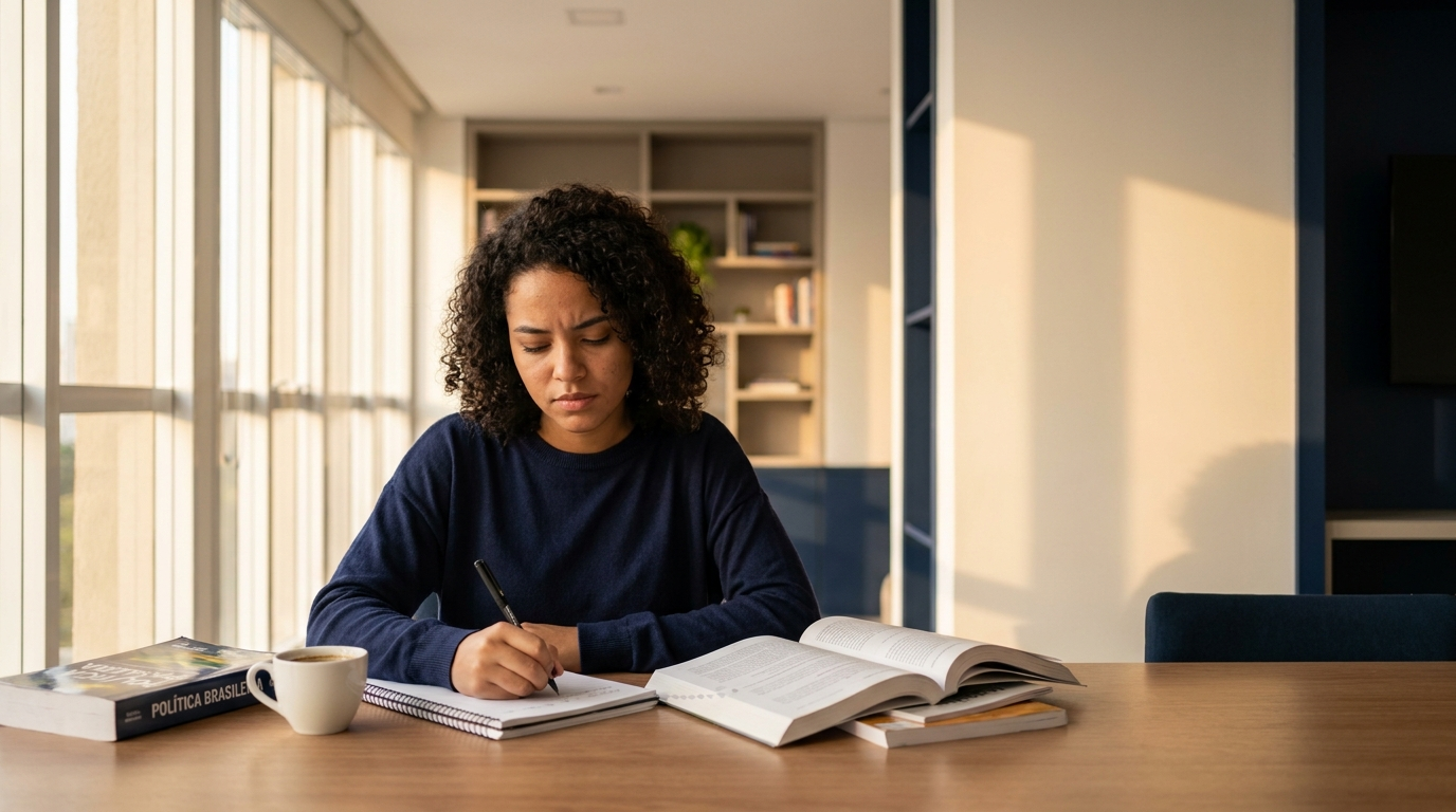 Uma jovem de cabelos cacheados e blusa azul escuro está sentada em uma mesa de madeira, concentrada escrevendo em um caderno. Há livros abertos e uma xícara de café à mesa, com grandes janelas ao fundo iluminadas pela luz do sol.
