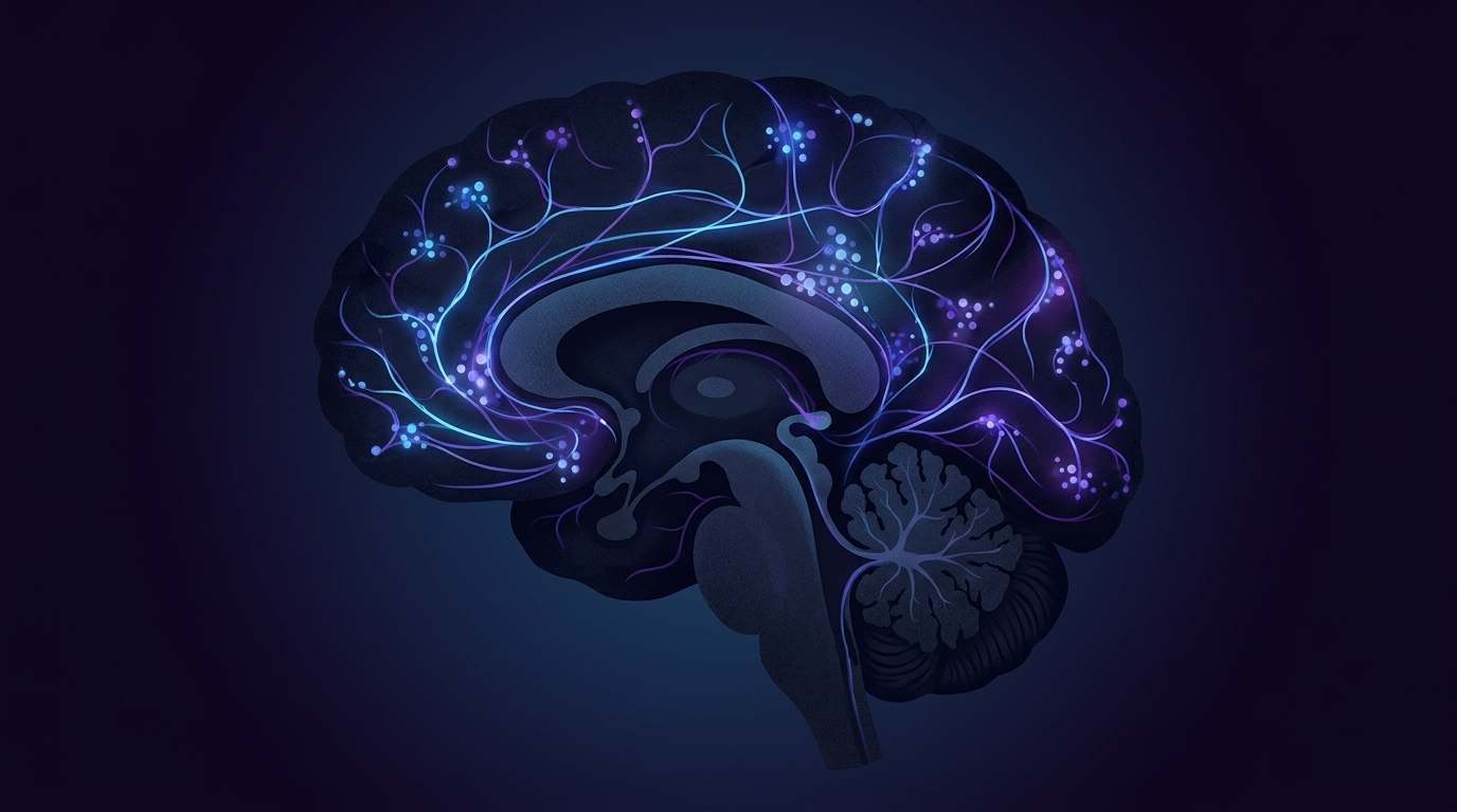 Ilustração editorial estática e profissional do cérebro humano em estilo minimalista, com conexões neurais e sinapses representadas por linhas e pontos luminosos, em tons de azul e roxo sobre fundo escuro. Estética científica sofisticada, sem elementos infantis ou cartoons. Proporção 16:9