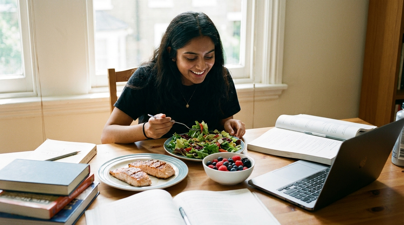 Foto realística e espontânea de uma jovem estudante sorrindo alegremente enquanto almoça de forma saudável em uma escrivaninha de madeira. Na mesa há um prato de salada verde, um prato com filés de salmão grelhado, uma tigela com frutas vermelhas (mirtilos e framboesas), livros abertos, cadernos, uma caneta e um notebook aberto. Luz natural suave vinda de uma janela ao fundo, estilo documental autêntico, tom aconchegante.
