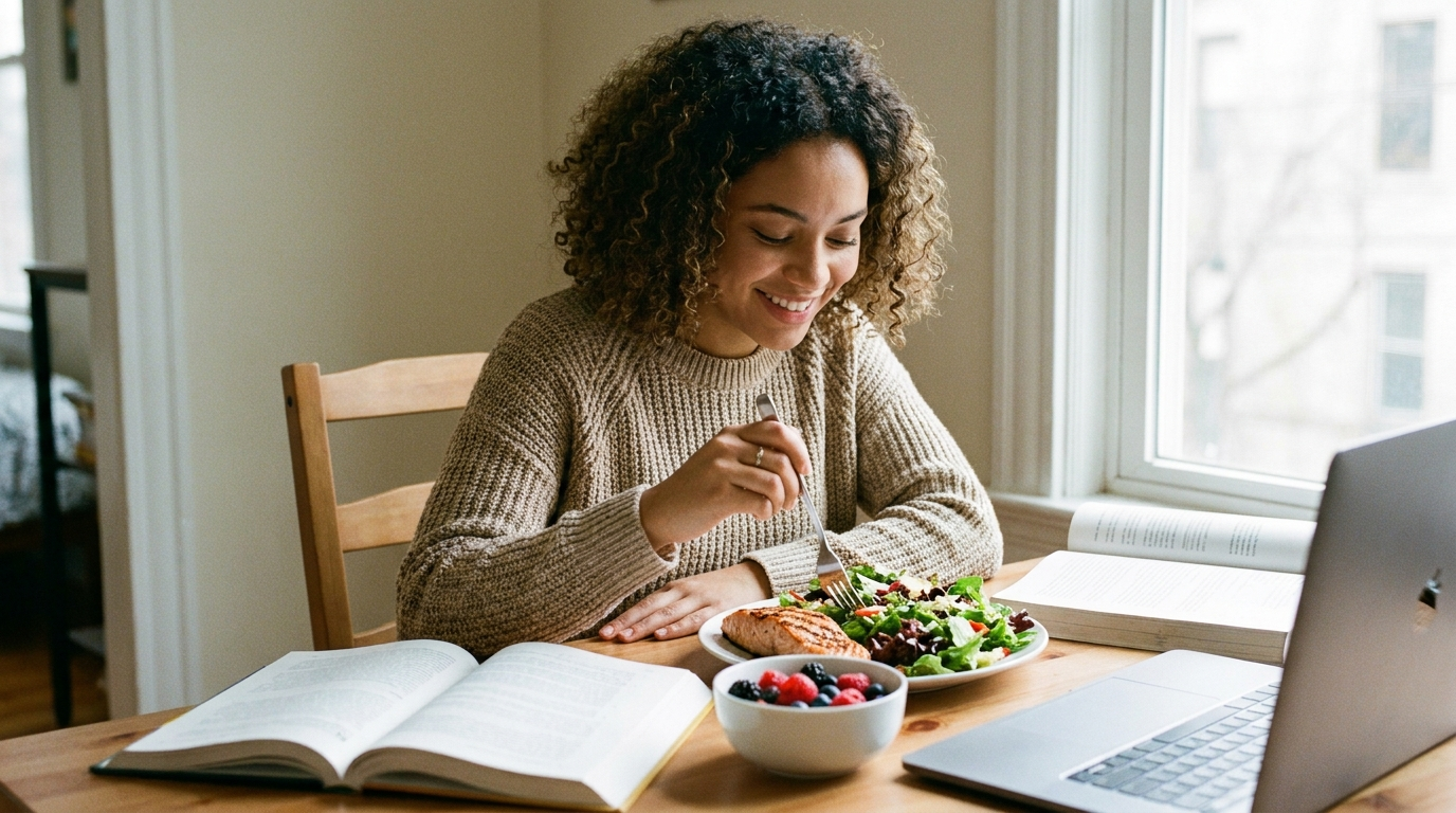 Fotografia editorial realista de um jovem estudante universitário, aproximadamente 20-22 anos, sentado em uma mesa, fazendo uma refeição saudável: salada, peixe grelhado e frutas. Ambiente casa, iluminação natural. O estudante parece focado e energizado. 