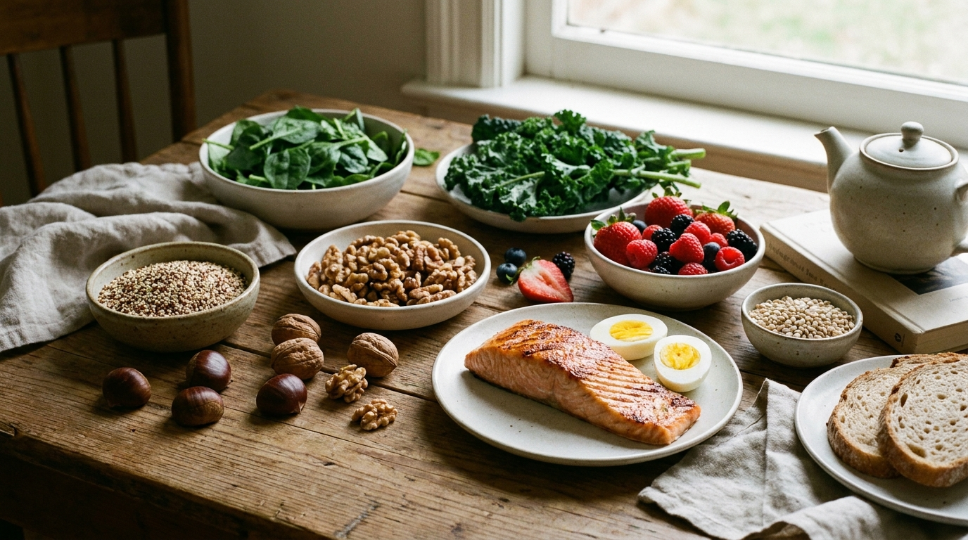 Fotografia editorial realista de uma composição de alimentos saudáveis para o cérebro: salmão grelhado, ovos, nozes, castanhas, frutas vermelhas (morangos, framboesas), vegetais verdes (espinafre, couve) e grãos integrais. Dispostos de forma elegante sobre uma mesa de madeira. Iluminação natural suave. Estética sofisticada e convidativa, sem elementos infantis