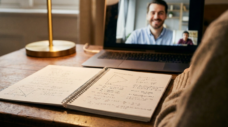 Um caderno aberto com anotações de matemática e desenhos de triângulos está sobre uma mesa de madeira, ao lado de um laptop que exibe uma videochamada com um homem sorridente