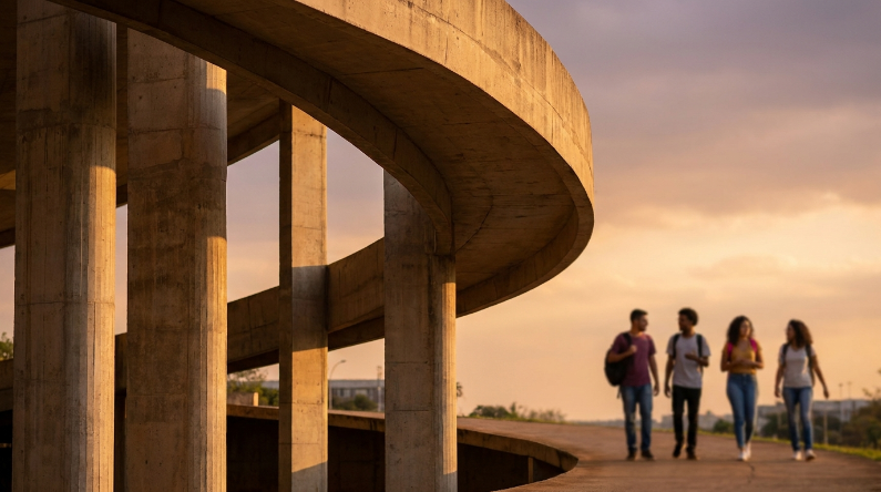 Quatro jovens caminhando juntos ao ar livre, no fim da tarde, em um pátio de universidade com arquitetura brutalista de concreto e rampas curvas