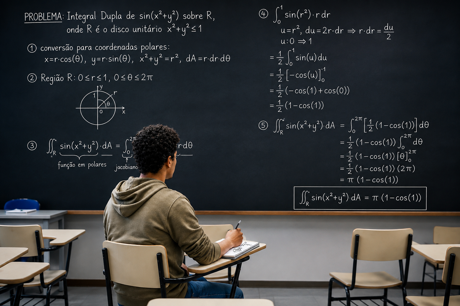Fotografia editorial realista de um estudante universitário brasileiro, jovem adulto, sentado em uma sala de aula de matemática. Ao fundo, um quadro negro ou branco está cheio de fórmulas e equações matemáticas complexas. O estudante está com caderno aberto, caneta na mão, olhando para o quadro com atenção. Iluminação artificial de sala de aula, clara e uniforme. Perspectiva em plano médio. Estética documental e profissional. Proporção 16:9. Sem textos, sem logotipos, sem marcas d'água. Nível de realismo alto.