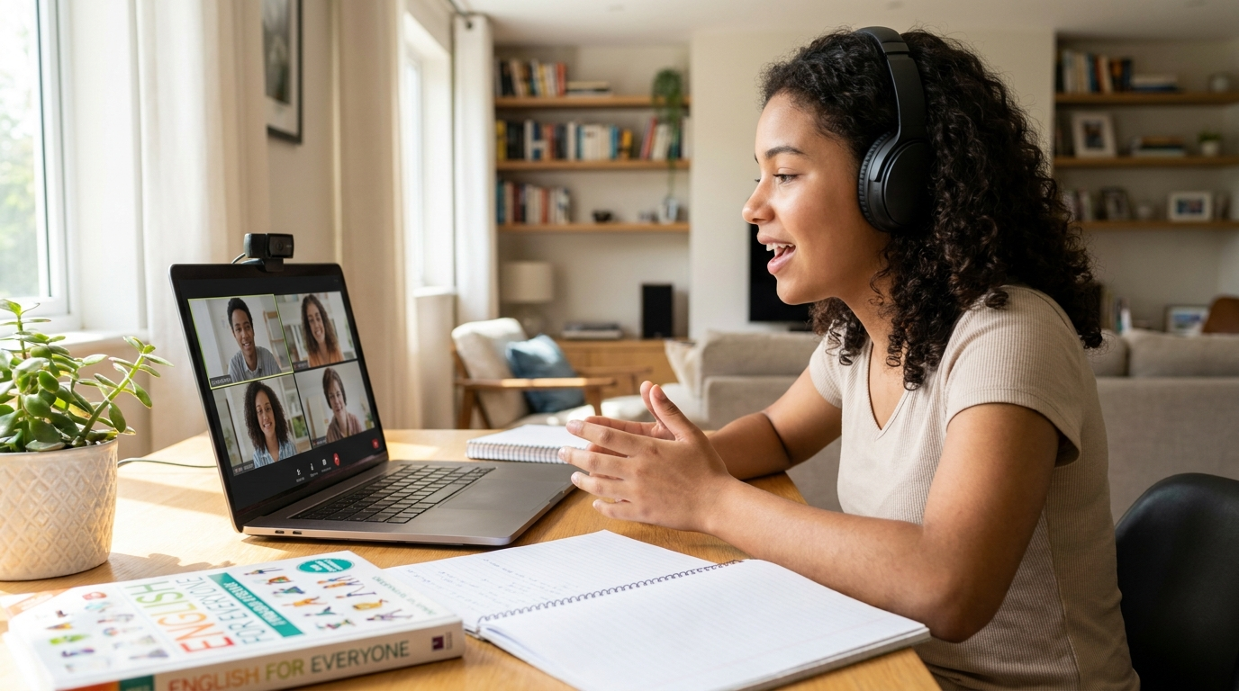 Uma jovem mulher negra, de cabelos cacheados e fones de ouvido pretos, está sentada em uma mesa de madeira em uma sala de estar bem iluminada. Ela olha para a tela de um laptop aberto, gesticulando com as mãos durante uma videochamada. Na tela, é possível ver os participantes da reunião. Em primeiro plano, há um caderno aberto e um livro intitulado