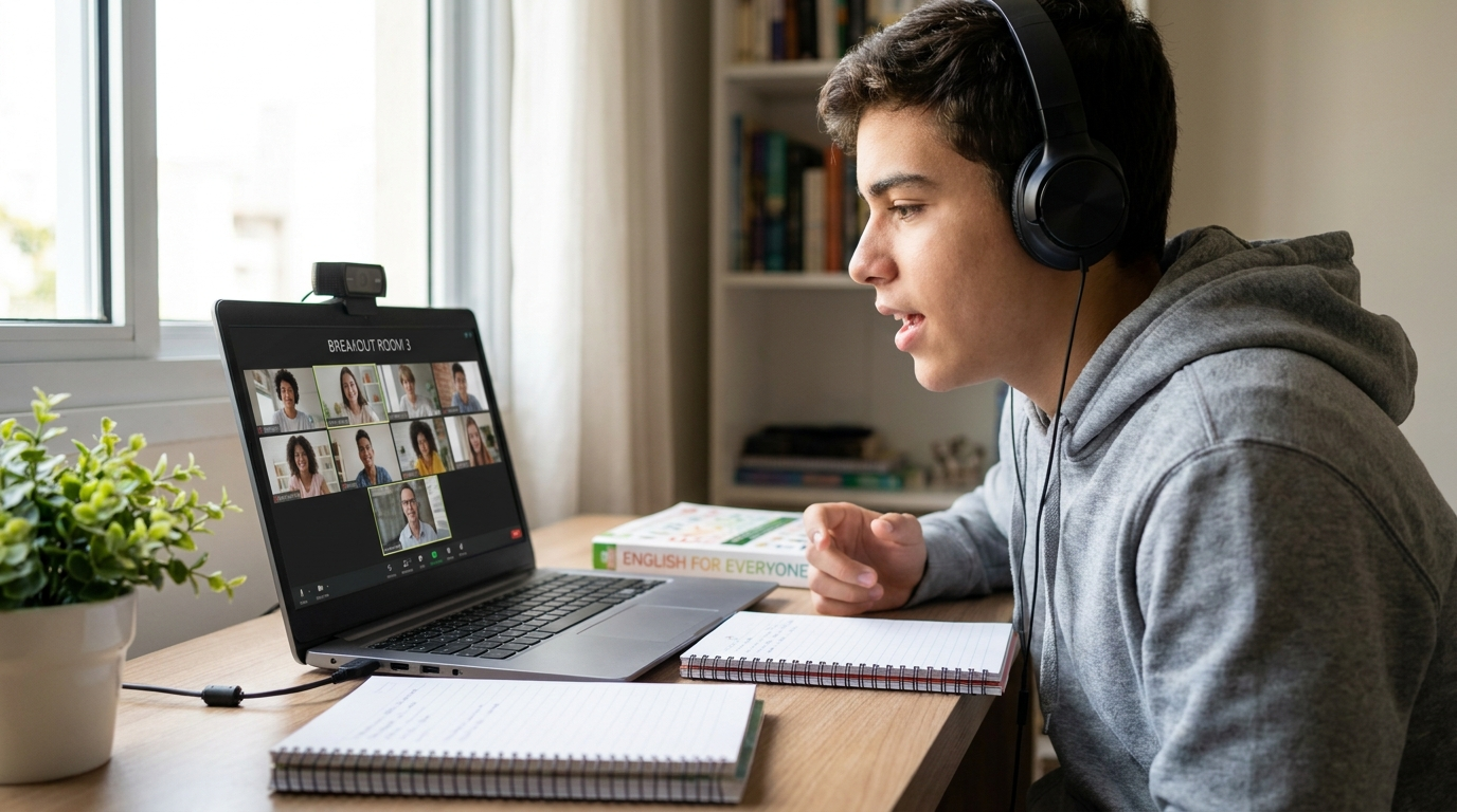Um adolescente com cabelos castanhos e fones de ouvido pretos está sentado em uma mesa de madeira, olhando para a tela de um laptop que exibe uma videochamada com várias pessoas em miniatura. Ele gesticula com a mão direita enquanto fala. Em primeiro plano, há dois cadernos espirais e, ao fundo, uma estante de livros e uma janela que deixa entrar luz natural.