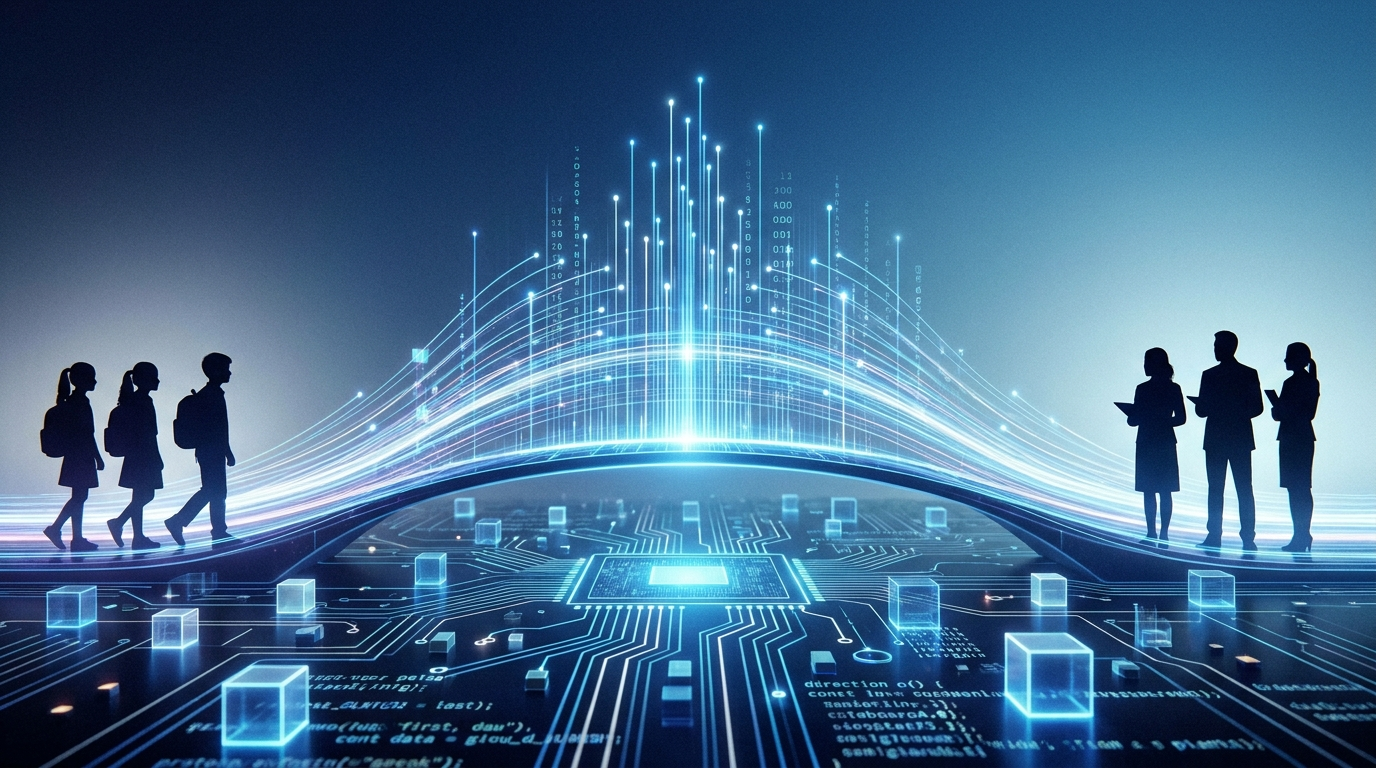 Imagem conceitual realista: uma ponte moderna e iluminada sobre uma paisagem digital abstrata. De um lado, silhuetas de jovens estudantes; do outro, silhuetas de professores. A ponte é formada por linhas de luz e dados, representando a conexão digital. Fundo com gradiente azul-escuro para azul-claro. Composição sofisticada, limpa e profissional. Sem elementos cartoon ou animados. Proporção 16:9