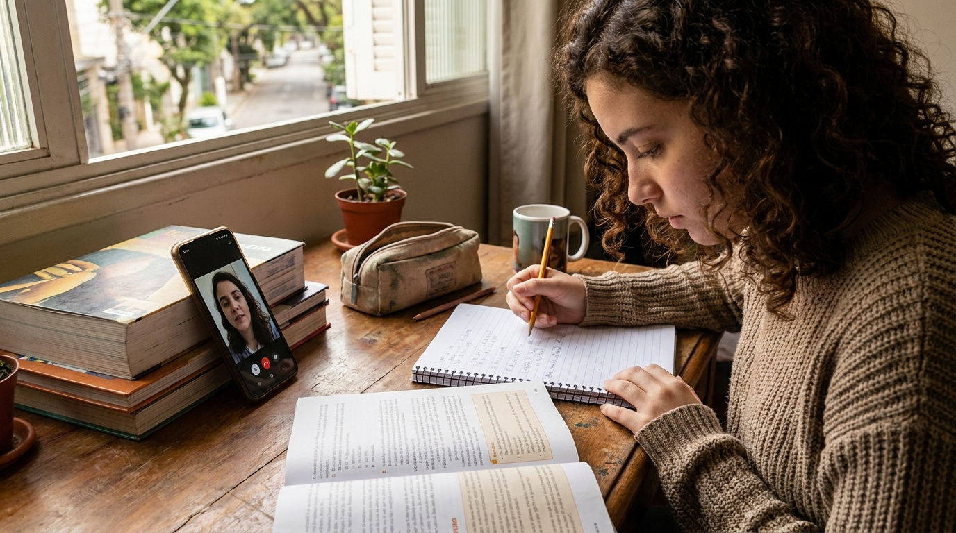 Fotografia editorial realista de uma sala de estudos brasileira — mesa com cadernos, livros didáticos, um estojo e um smartphone. Um jovem estudante (16-18 anos) está sentado, com expressão focada, resolvendo exercícios. A cena transmite a rotina de estudos e reforço escolar. Iluminação natural, ambiente acolhedor e realista. Cores quentes e tons terrosos. Estilo fotográfico documental. Proporção 16:9.