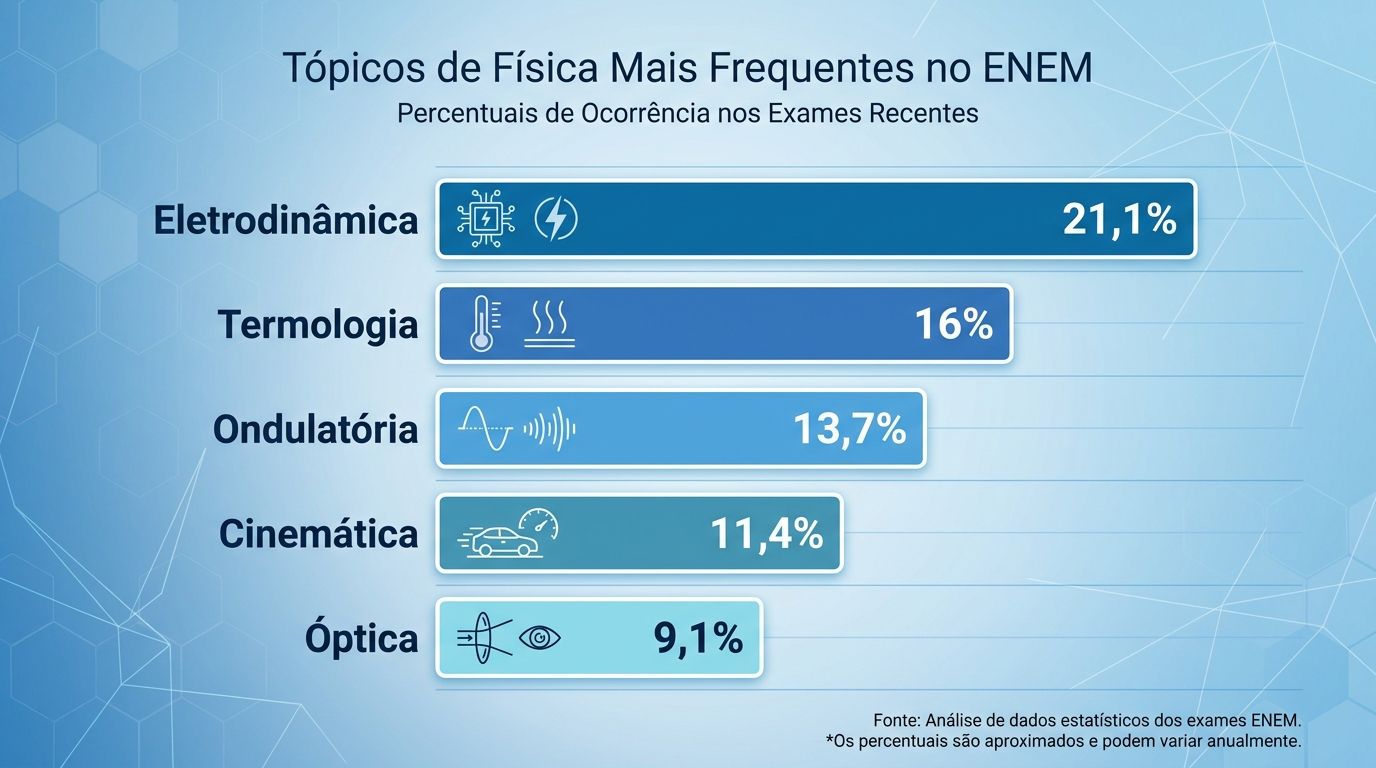 Infográfico estático e profissional com design limpo e moderno, em tons de azul. O infográfico lista os 5 assuntos de Física que mais caem no ENEM com seus percentuais: Eletrodinâmica (21,1%), Termologia (16%), Ondulatória (13,7%), Cinemática (11,4%), Óptica (9,1%). Os dados são apresentados em barras horizontais ou gráfico, com cores diferentes para cada tópico. O design é sofisticado, com linhas limpas e tipografia profissional em português. Proporção 16:9. Sem personagens, sem animação.