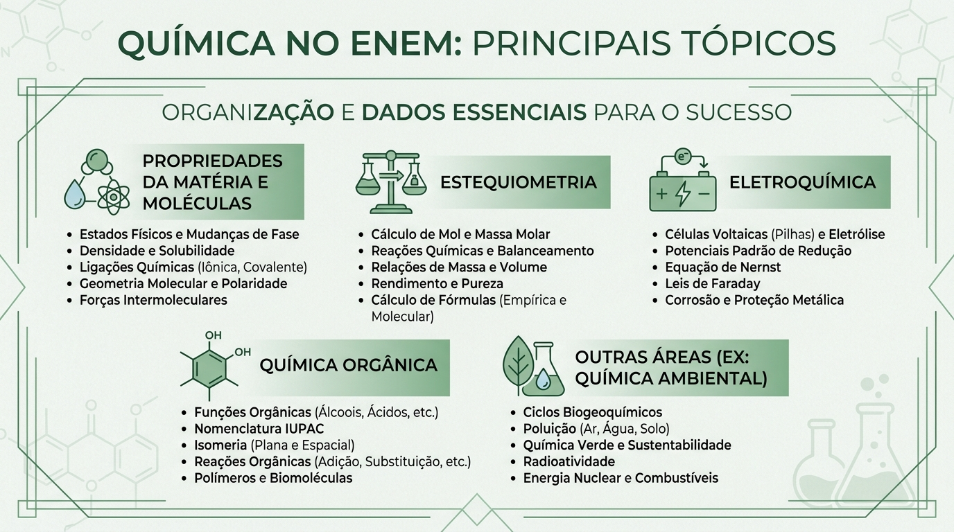 Infográfico estático e profissional com design limpo e moderno, em tons de verde. O infográfico lista os principais tópicos de Química do ENEM: Propriedades da matéria e moléculas, Estequiometria, Eletroquímica, Química Orgânica, e outras áreas como Química Ambiental. Os dados são apresentados de forma clara e organizada, com ícones minimalistas para cada tópico. O design é sofisticado, com linhas limpas e tipografia profissional em português. Proporção 16:9. Sem personagens, sem animação.