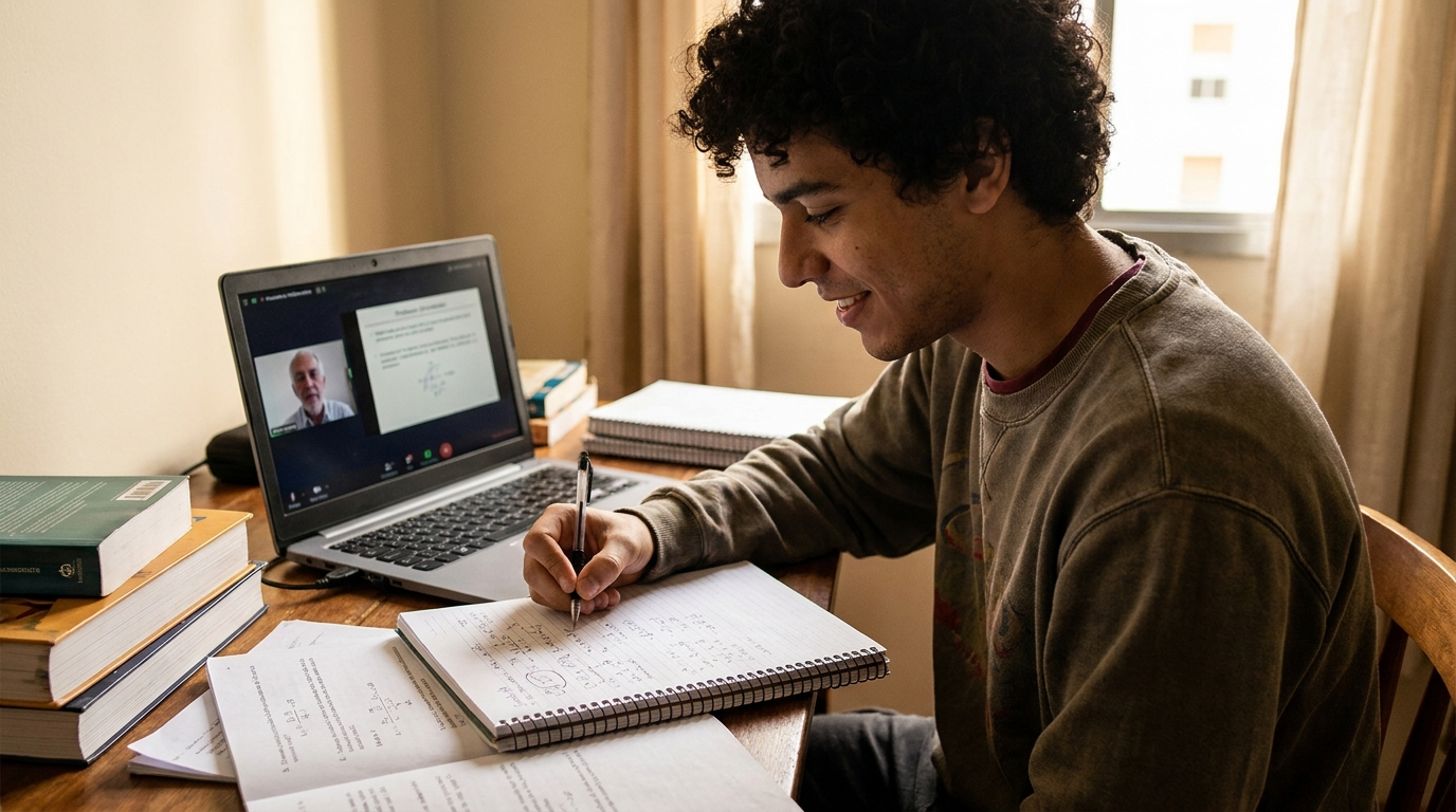 Fotografia editorial realista de um estudante brasileiro jovem resolvendo exercícios de Física ou Química em um caderno e com o computador aberto em live do googlemeet com o professor (apenas 1 usuário na live com o aluno). Ele está com a mão segurando uma caneta, escrevendo em um caderno com fórmulas e cálculos. Sua expressão é de foco e satisfação — ele está entendendo o que faz. Sobre a mesa, livros e materiais de estudo. Iluminação natural. Perspectiva em plano médio. Estética cinematográfica, cores quentes. Proporção 16:9. Sem textos, sem logotipos, sem marcas d'água. Nível de realismo alto.