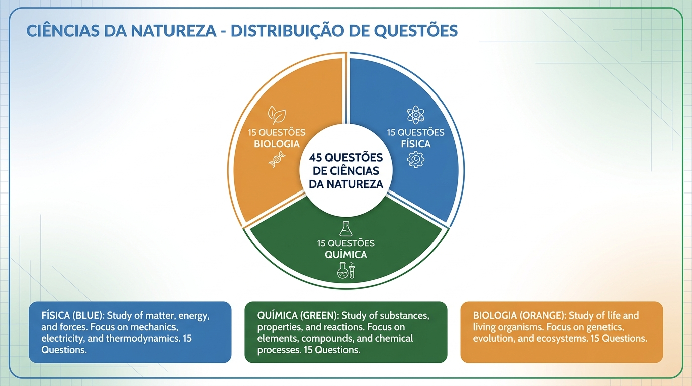 Infográfico estático e profissional com design limpo e moderno, em tons de azul, verde e laranja. O infográfico mostra um círculo ou gráfico de pizza representando as 45 questões de Ciências da Natureza, divididas em três partes iguais: 15 questões de Física (azul), 15 de Química (verde) e 15 de Biologia (laranja). Cada parte está claramente identificada com texto em português. O design é sofisticado, com linhas limpas e tipografia profissional. Proporção 16:9. Sem personagens, sem animação. Além disso, o ENEM não é uma prova de decoreba. Ele cobra interpretação, contextualização e aplicação de conceitos no dia a dia. Isso significa que, mesmo que você não saiba todas as fórmulas de cor, pode ir bem se conseguir interpretar os enunciados e usar o raciocínio lógico